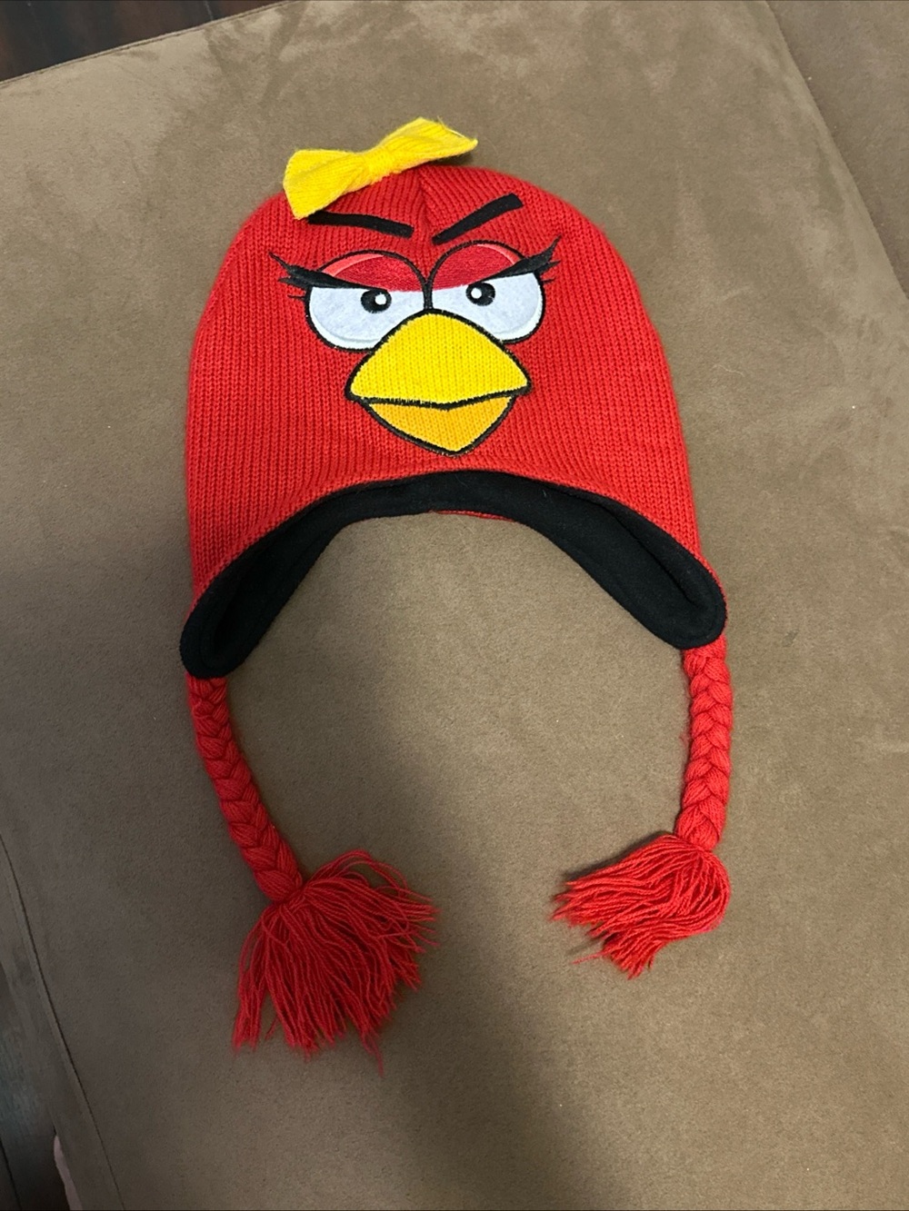 Red Angry Bird Knit Earflap Hat with Yellow Beak Accent